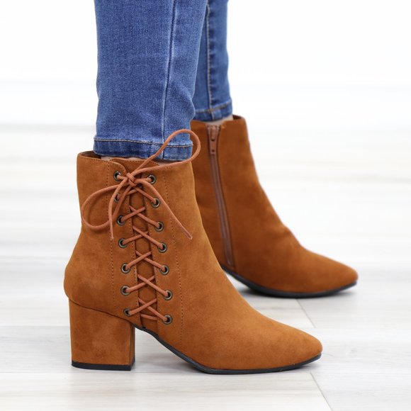Brown Faux Suede Ankle Booties Side Laced Up - Picture 6 of 11